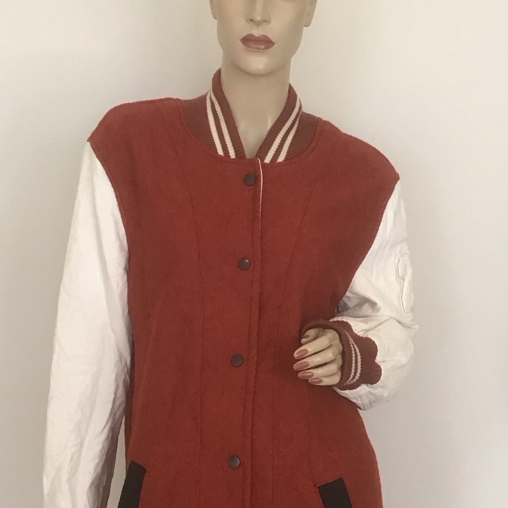 We The Free People Rust Orange Wool White Faux Leather Varsity Jacket M Preppy - Picture 3 of 7
